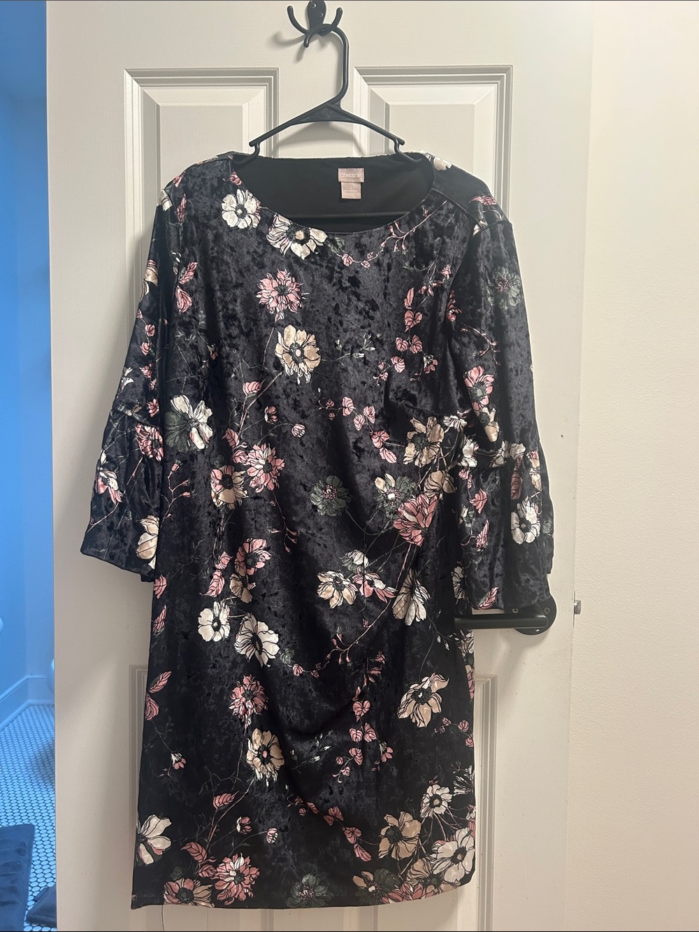 Chico's Black Velvet Floral Midi Dress with Pink and Cream Blooms